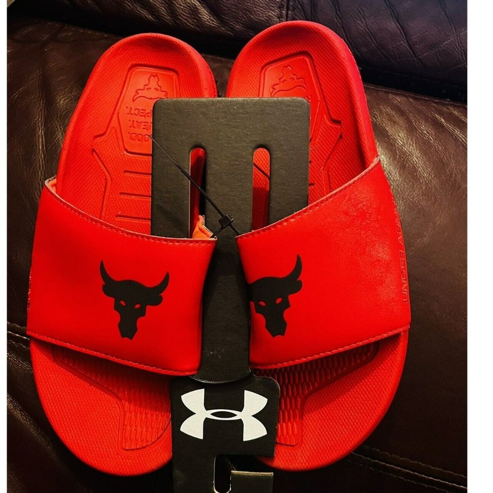 NWT Under Armour Project Rock Men's Sideline Slides Red/Black Sandals